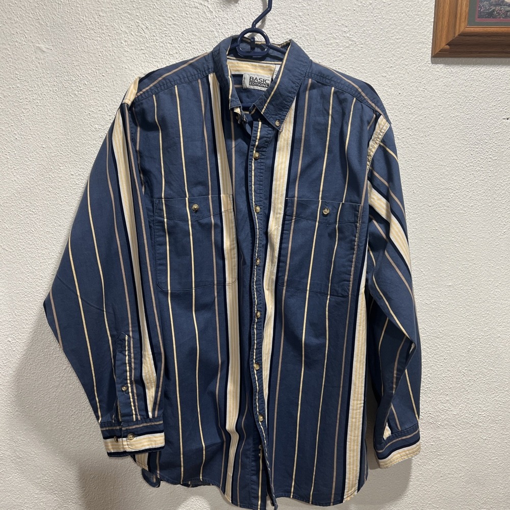 Basic Editions VTG Men's Dress Shirt L Button Down Blue/yellow‎ White Striped